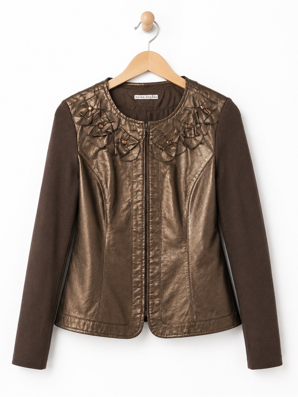 Peter Nygård Bronze Leather Jacket Floral Appliqué Mixed Media Zip Jacket